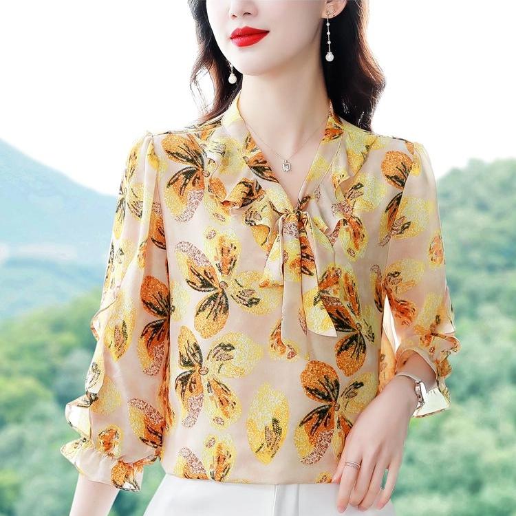 Spring Summer New Bow Tie Chiffon Shirt Women's Three Quarter Sleeve Top Elegant Fashion Floral Printing Chiffon Blouse Femme