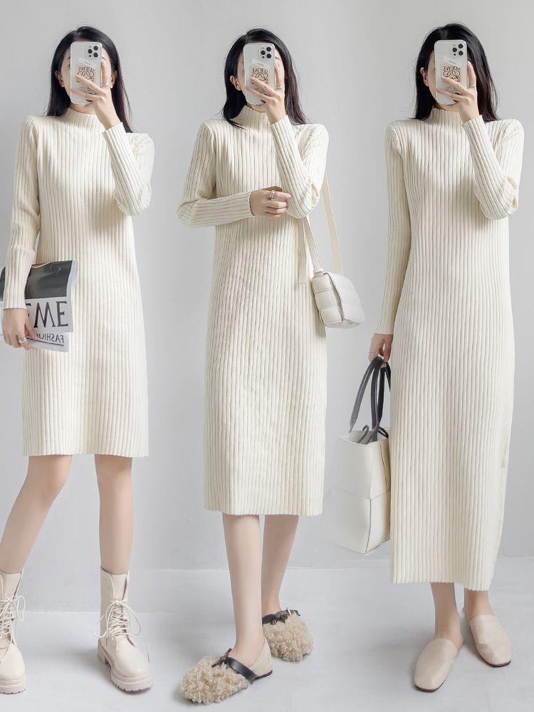 Autumn/Winter Women's Loose Long Sleeve Knit Dress with Half-High Neck