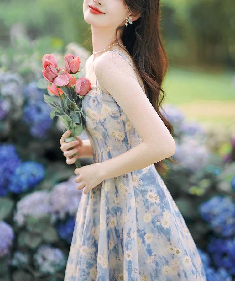 Women's French Blue Floral Strappy Maxi Dress & Waist-Cinched Skirt Cardigan Set - New Arrival for Spring/Summer 2026.