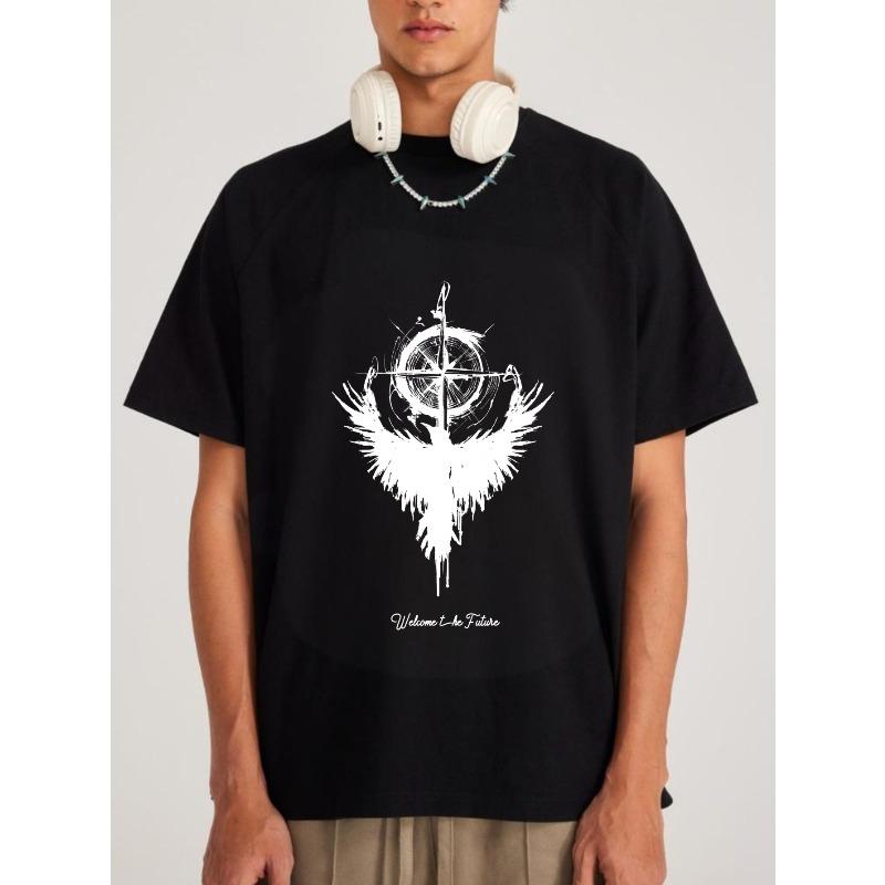 Black T Shirt with White Angel Wings Compass Design and Welcome to the Future Text for Casual Streetwear Fashion