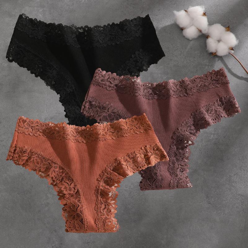 FINETOO 3Pcs Cotton Lace Patchwork Bikini Panties Women Seamless Floral Print Brazilian Pants Low Waist Breathable Female Sexy Lingerie