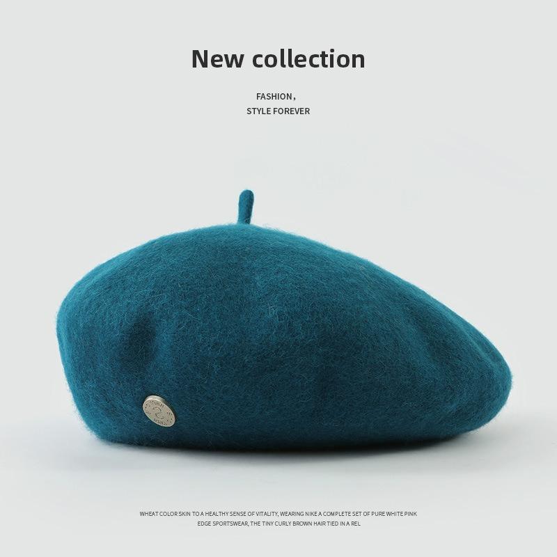 Wool Beret Hat Women's Autumn and Winter Big Head Circumference British Retro Octagonal Painter Hat