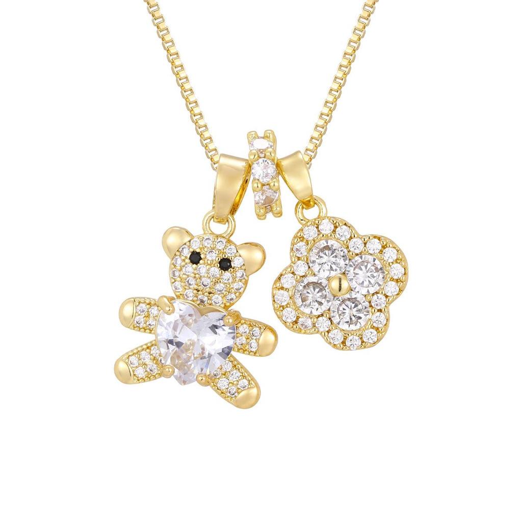 Gold-Plated Heart and Bear Necklace with Zirconium Stones - Exclusive Women's Fashion Jewelry.
