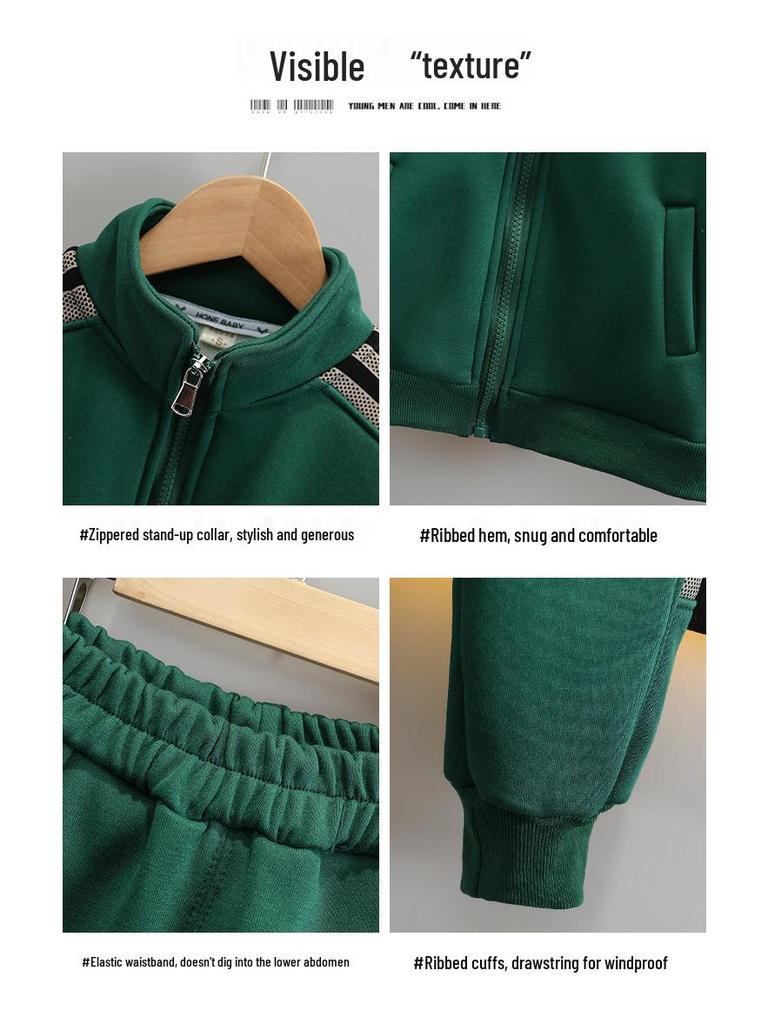 Boys' Trendy Fleece-Lined Zip-Up Cardigan & Pants Set for Autumn and Winter