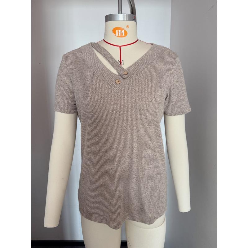Gestricktes Rippenmuster V-Ausschnitt Knopfleiste Kurzarm Damen T-Shirts