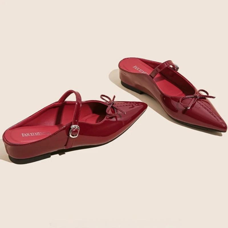 Fashion Fashion Pointed Toe Bow Flat Sandals Women High Quality Patent Leather Low Heel Slippers Summer Elegant Dress Zapatos De Mujer