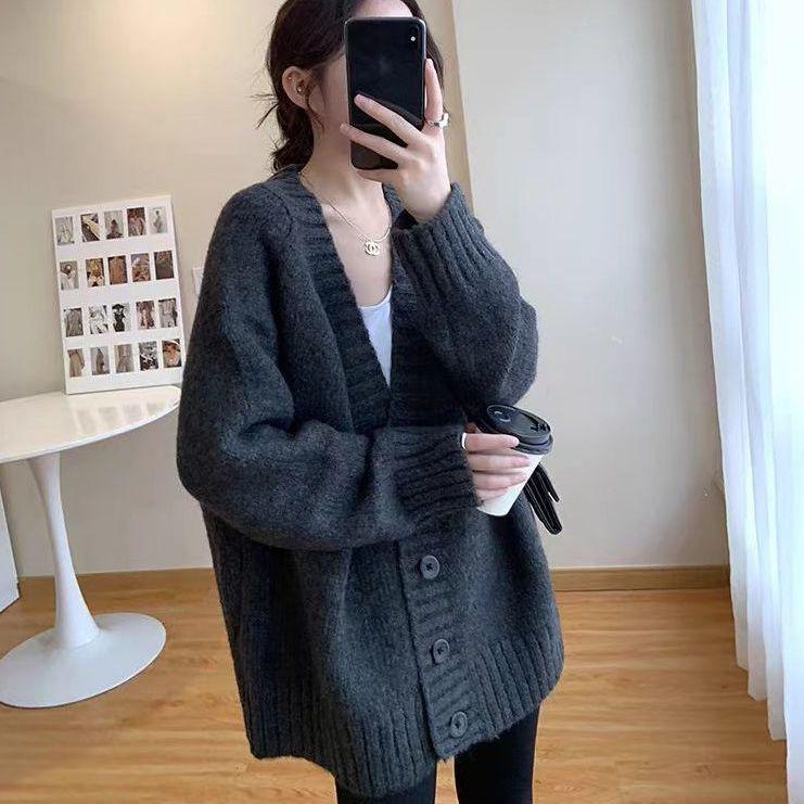 Hong Kong Flavor Lazy Wind Knitted Cardigan Autumn and Winter New Medium and Long Loose Soft Waxy Women's Sweater Jacket Women