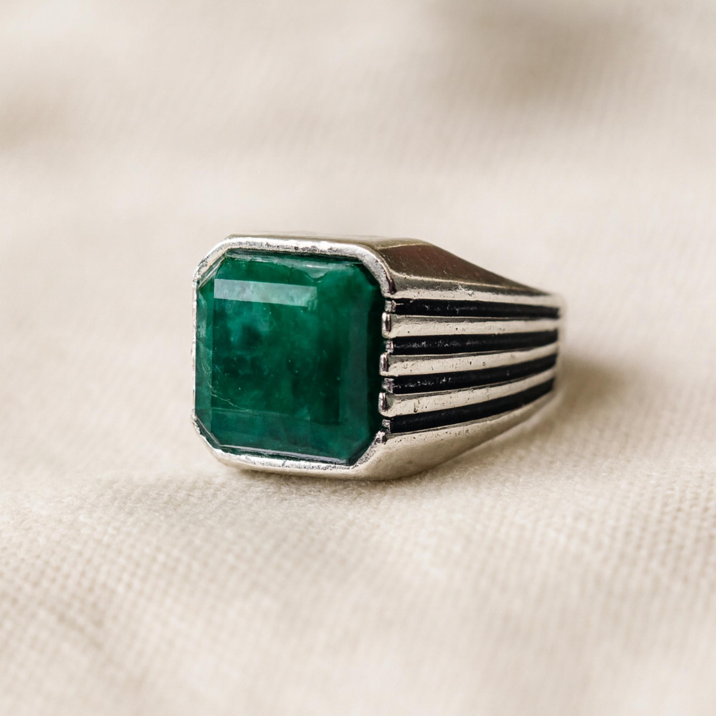 

Кольцо-печатка с изумрудом огранки «кушон», серебро 925 пробы, кольцо с драгоценным камнем ручной работы, мужское и женское кольцо 12