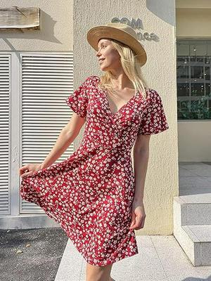 2025 European & American V-neck Floral Short Sleeve Summer Dress for Women