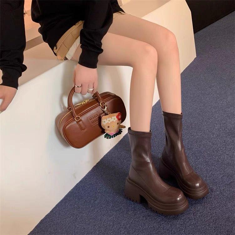 Martin Boots Women's Small Thick-soled Heightening Cm Short Boots Autumn and Winter Elastic Thin Boots High Heel Showing Legs Long Medium Boots