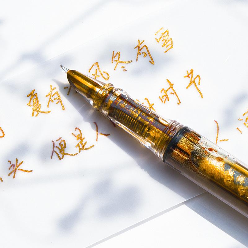 Transparent Slender Gold Fountain Pen with Bent Nib - Fine Point Calligraphy Pen for Students