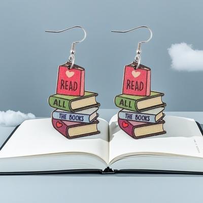 1Pair Colorful Books Design Dangle Heart Earrings Cute Cartoon Style Wooden Jewelry