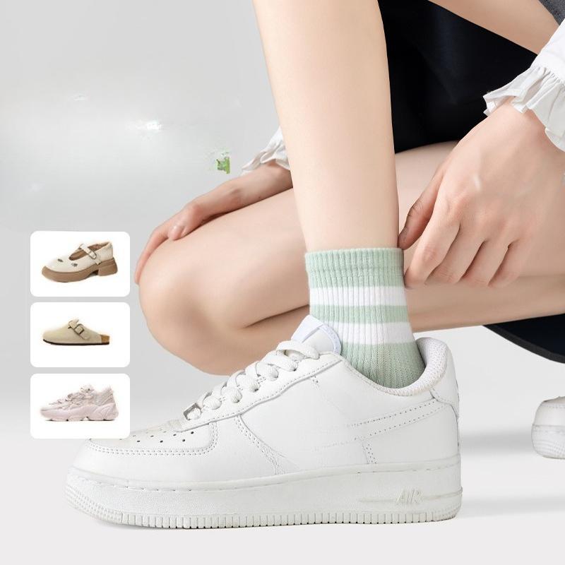 Women's Solid-color Cotton Socks, Mid-calf Socks, Breathable, Antibacterial, Deodorizing Striped, Versatile Sports Women's Socks