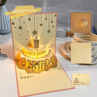 3D Light Birthday Card Folding Type Pop Up Birthday Cake Cards with Envelope with Musical Gift Message Cards