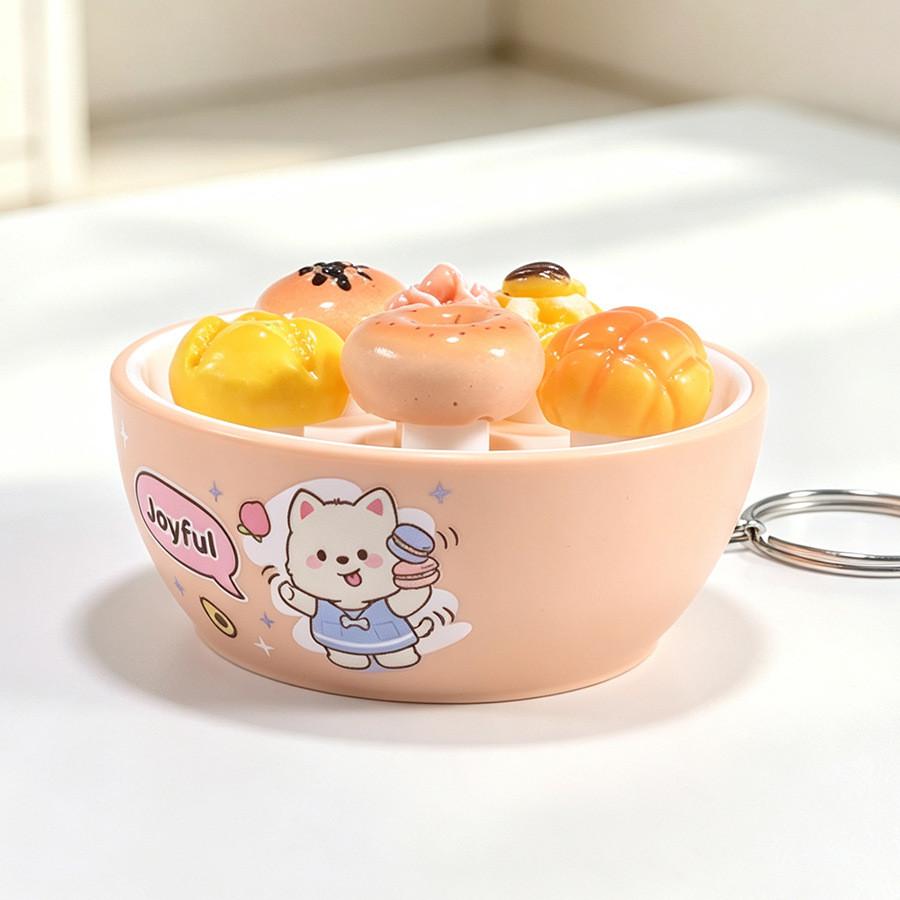 Plastic Mini Bread Squeeze Toy Keychain With Cartoon Pattern For Kids And Teens