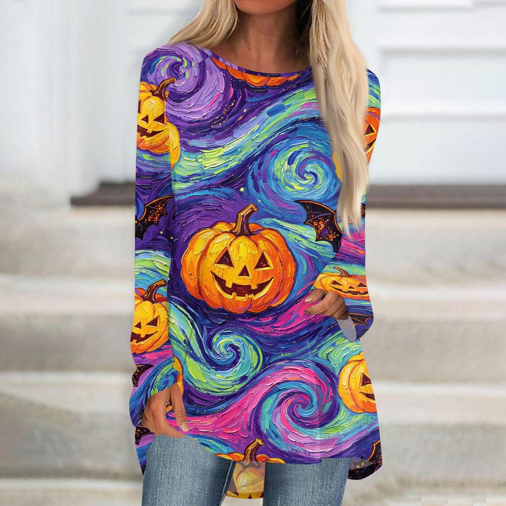 Women's Halloween Printed Long Sleeve Round Neck T-Shirt Mid-Length Casual Top