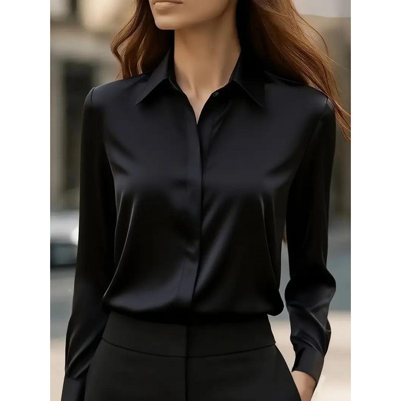 Autumn Solid Color Long Sleeve Shirt Lapel Satin Blouse Shirt for Women