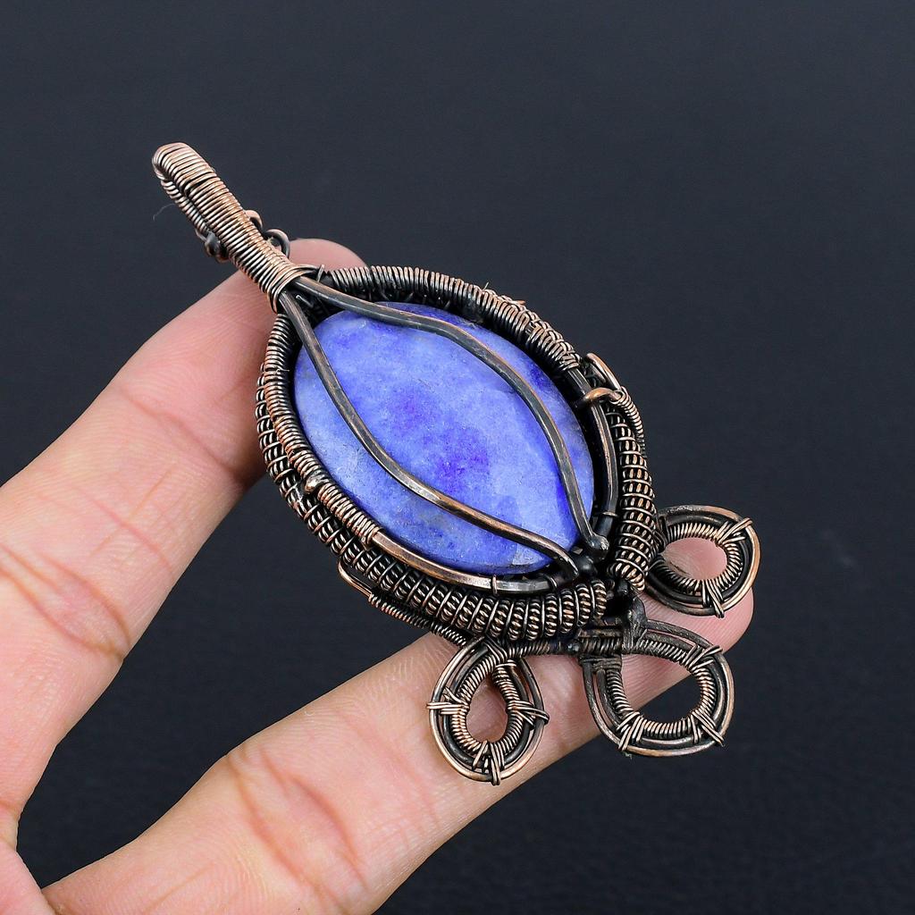 Blue Sapphire Pendant, Handmade Gemstone Pendant, 999 Copper Wire Wrapped Pendant Antique Jewelry, For Engagement Gift