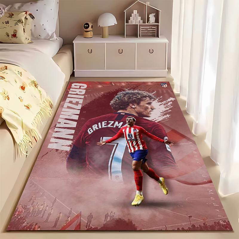 Soccer Star Area Rug, Antoine Griezmann Atletico Madrid Red White Stripes 7 Celebration Print, Football Fan Decor, Non-Slip Mat