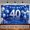 2D Plane 40th Birthday Celebration Theme Background Fabric, In Blue and Silver Color Scheme, with Balloons