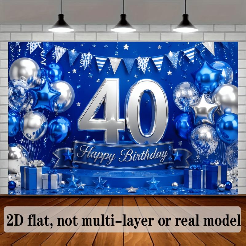 2D Plane 40th Birthday Celebration Theme Background Fabric, In Blue and Silver Color Scheme, with Balloons
