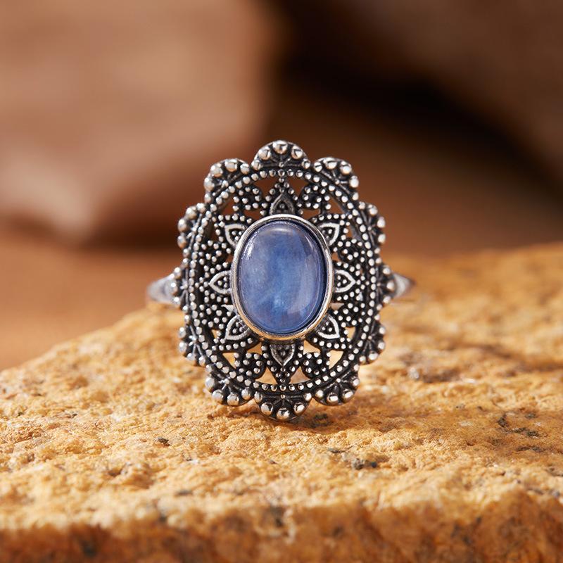 S925 Sterling Silver Retro Thai Silver Colored Treasure Ring Female Court Hollow Pattern Multi-Colored Natural Gemstone Index Finger Ring