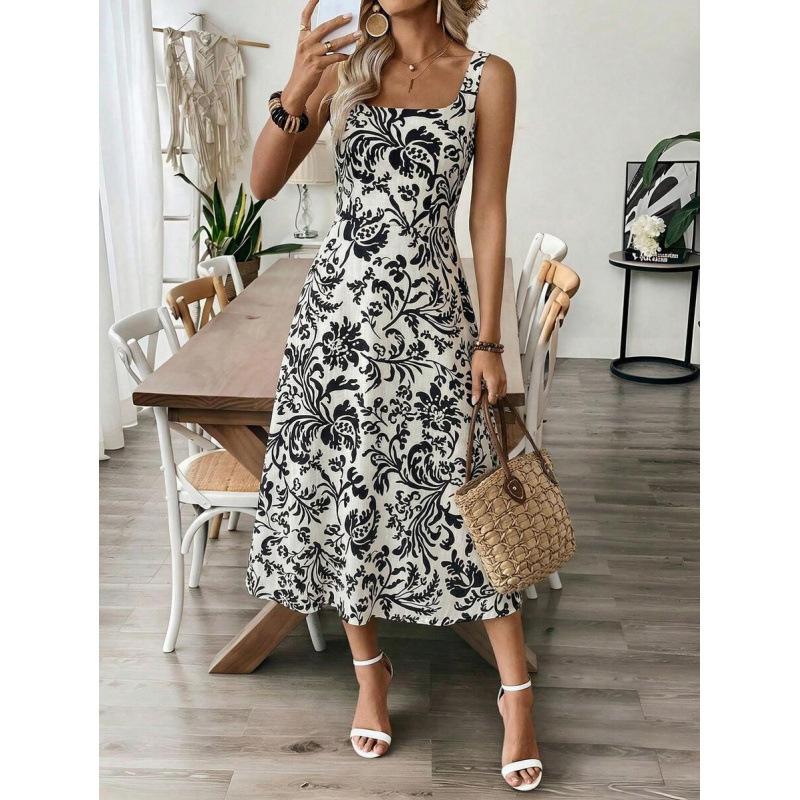 European and American floral print bohemian style round neck casual vacation medium length sleeveless dress women S абрикосовый