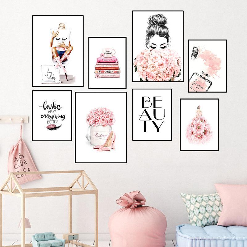 Modern Salong Skönhet Fransar Svarta Läppar Nordisk Väggkonst Dukmålning Kvinnor Affischtryck Enkelhet Parfym Böcker Bild HD3151