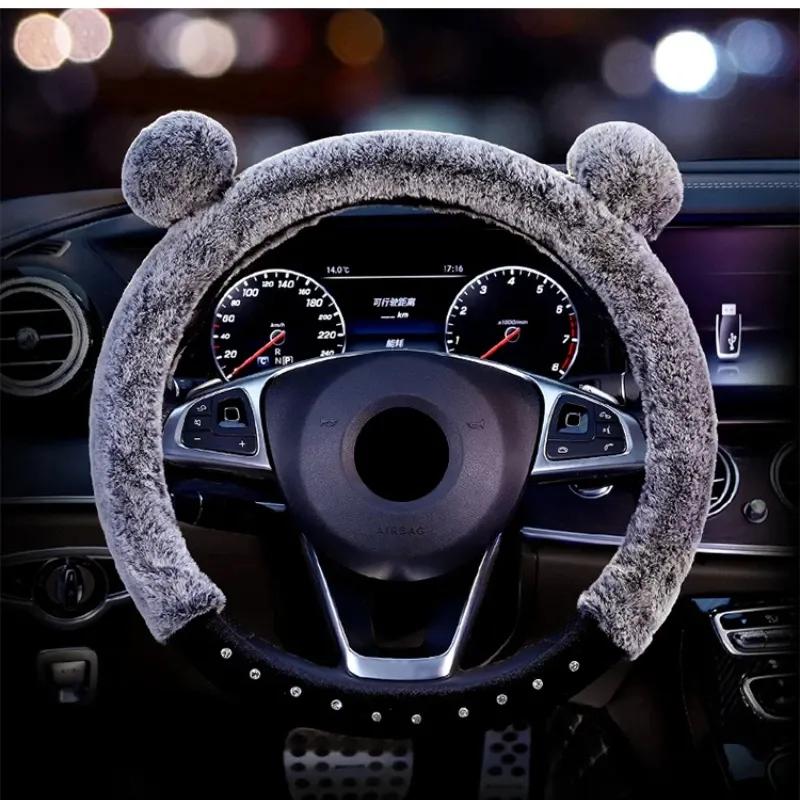 Plush Winter Steering Wheel Cover Set - Faux Fur Handbrake & Gear Knob Covers for Warm Driving
