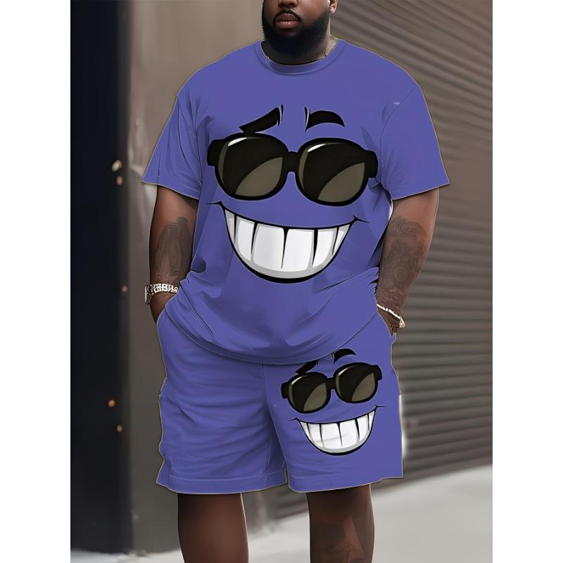 Große Größe neuer Sommer Herren Kurzarm-Shorts-Anzug [bedrucktes Design - keine Textur] Sommer Herren Kreatives Cooles Glückliches Muster Bedruckter Anzug