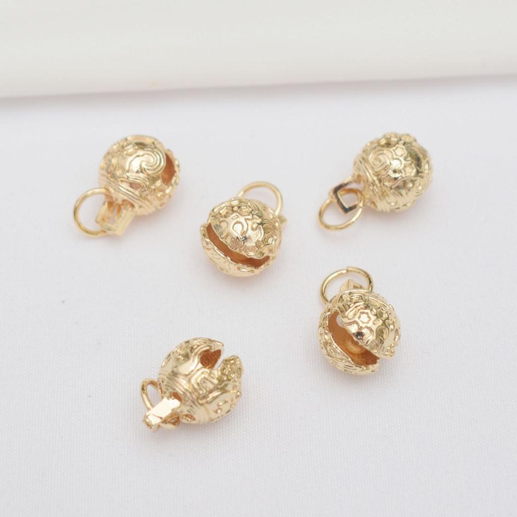 100pcs 14K Gold Bell Small Pendant Diy Jewelry Accessories Pattern Tiger Head Hollow Bell Pendant Retro Pendant Bell