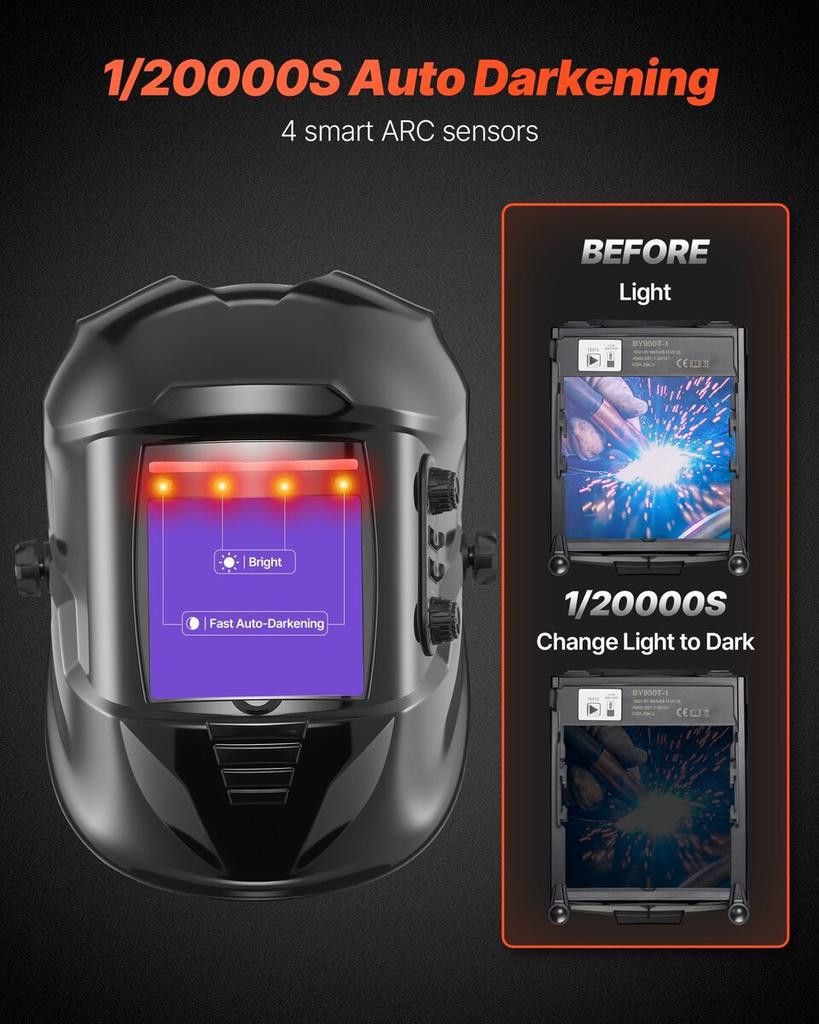 Welding Helmet Auto Darkening, 100 X 95 Mm True Color Welding Hood, 1/1/1/1 Solar-Powered Welder Mask 4 Arc Sensors, Wide Shade 4/5-9/9-13 for TIG MIG
