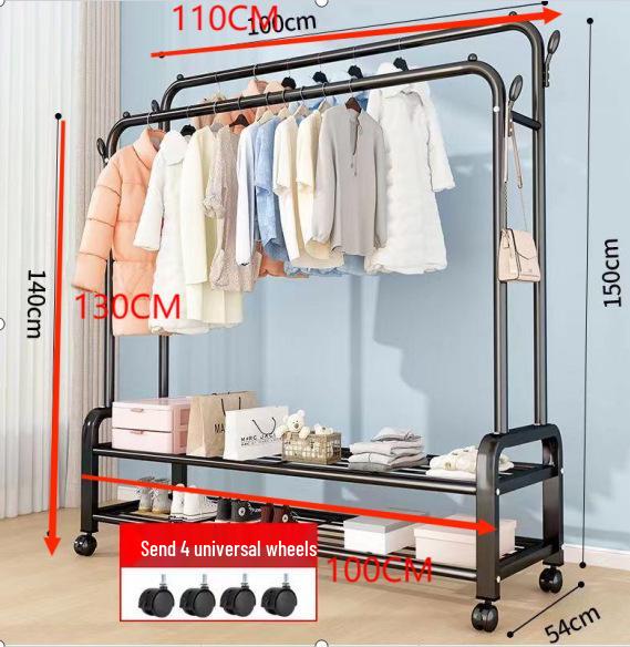 Minimalist Indoor Floor-Standing Coat Rack with Double Pole and Shelf for Bedroom or Balcony