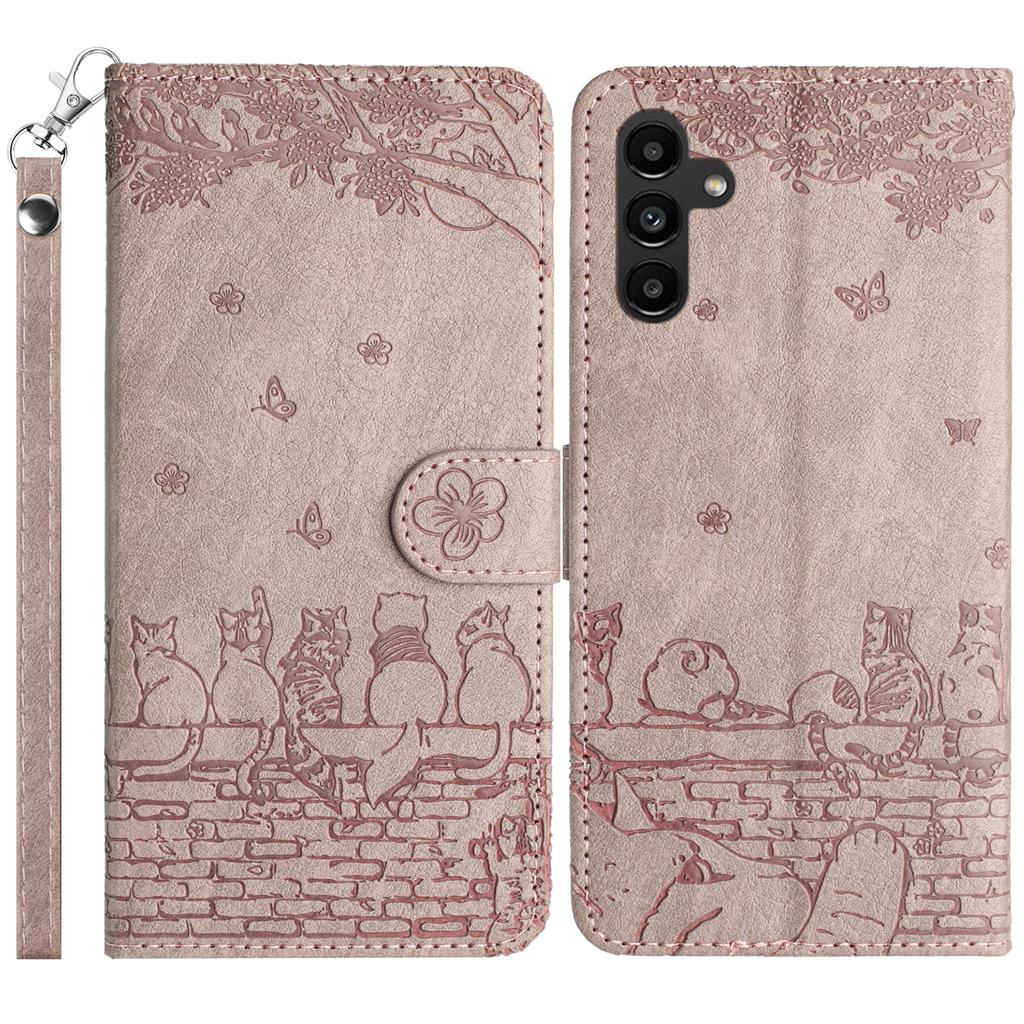 For Samsung Galaxy S23 FE Case with Wrist Strap Leather Phone Cover Wall Cats Pattern