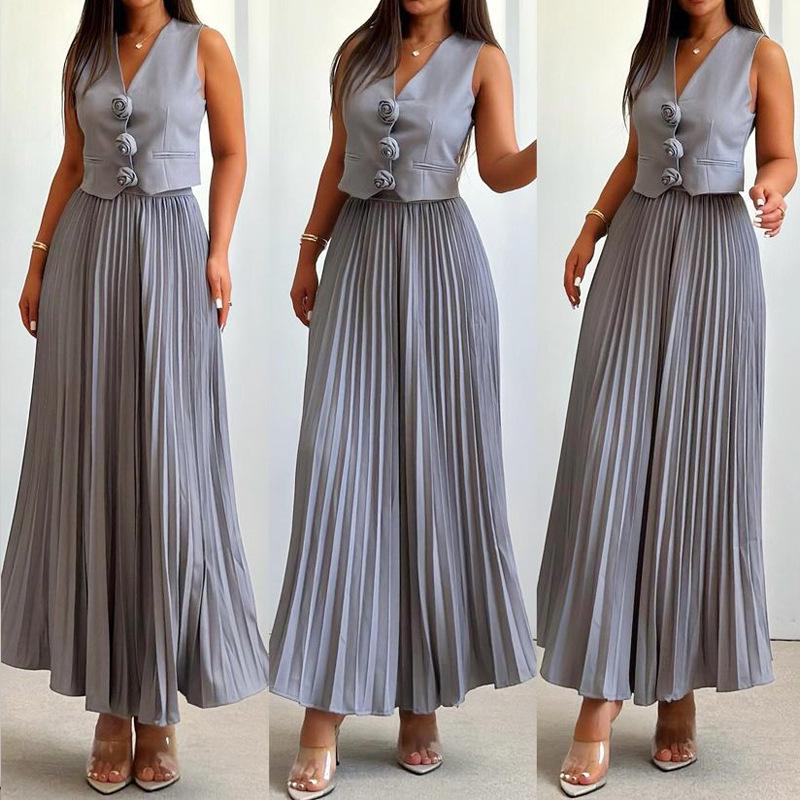 European & American Women's Sleeveless Vest and Pleated Long Sleeve Two-Piece Summer Set