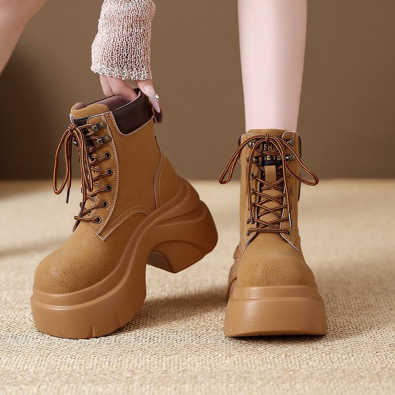 8CM Women New Autumn Winter Leather Mid-calf Boots Chunky Heels Motorcycle Boots Woman Thick Bottom High Platform Short Booties