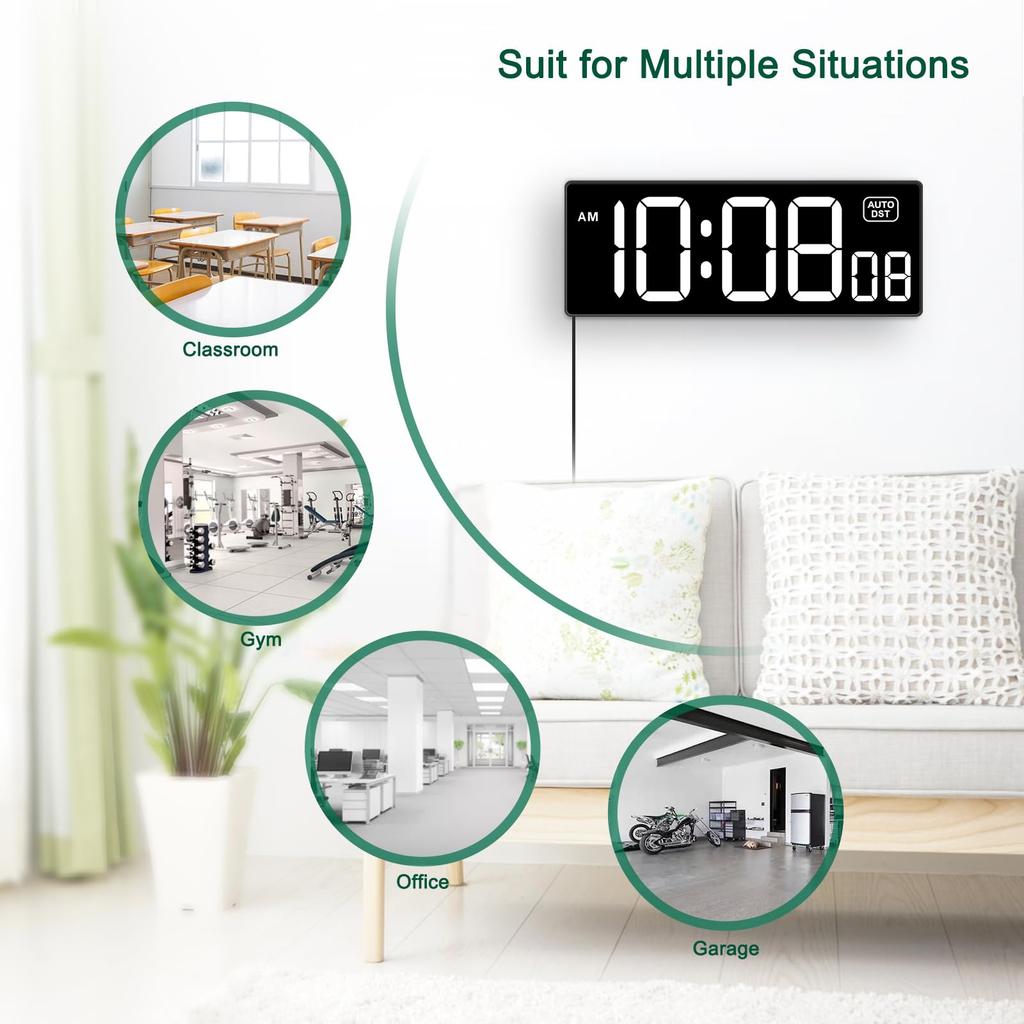 Soobest LED Digital Wall Clock with Seconds, Electric Clock Plug-in, Automatic DST Dimming, Large LED Display, 10-inch (White)