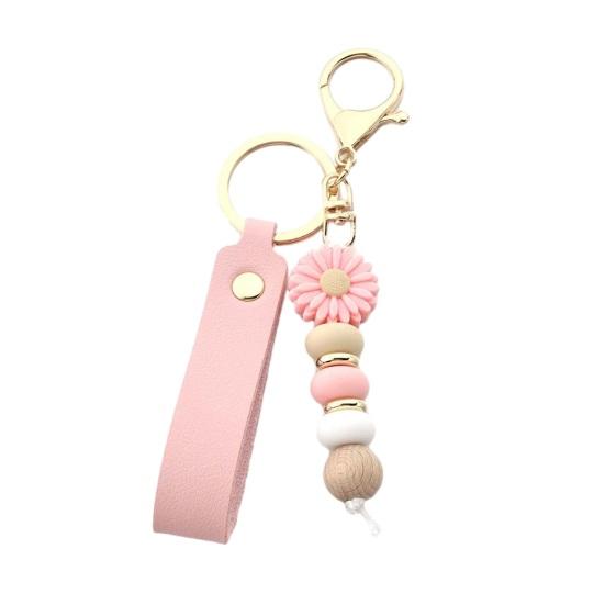 Aesthetic Key Ring Silicone Flower Keychain with Faux Leather Wristlet, Car Lanyard Pendant, Handbag Backpack Charm Wood Beads Bead Wristlet