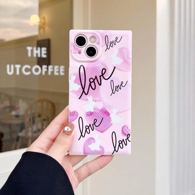 Ins Sqaure Cute Rabbit Love Cartoon Pink Heart Lovely Silicone Shockproof Phone Case For Iphone 14 Pro Max Plus 13 12 Promax 11