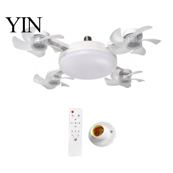 E27 Socket Fan 3/4/5 Blade Ceiling with Light & Remote Control, 2-in-1 Silent LED Drone Compact Ventilation Lamp Foldable Blades, 3-Speed Dimmable for