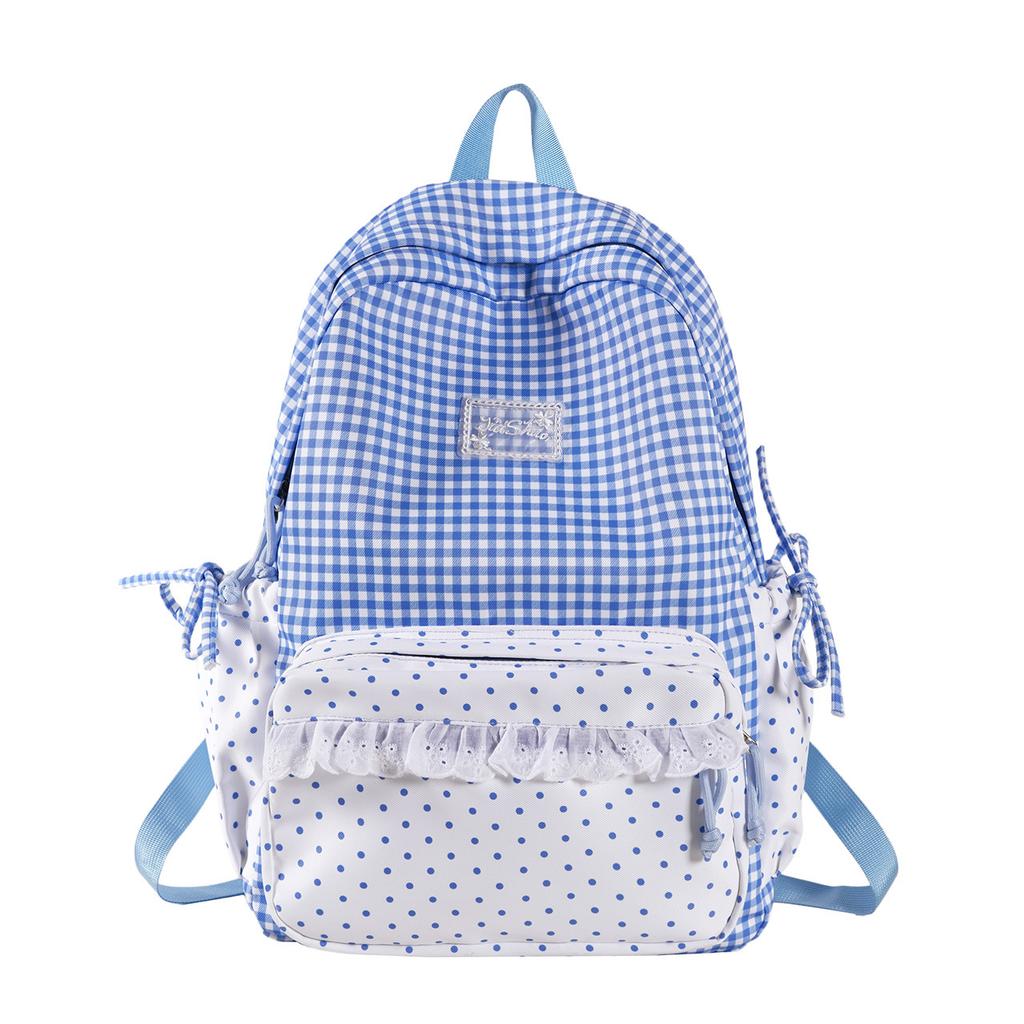 Schoolbag Korean ins Fresh Plaid Polka Dot Backpack Girl Heart Lace Small School Bag Junior High School College Student Commuter Bag
