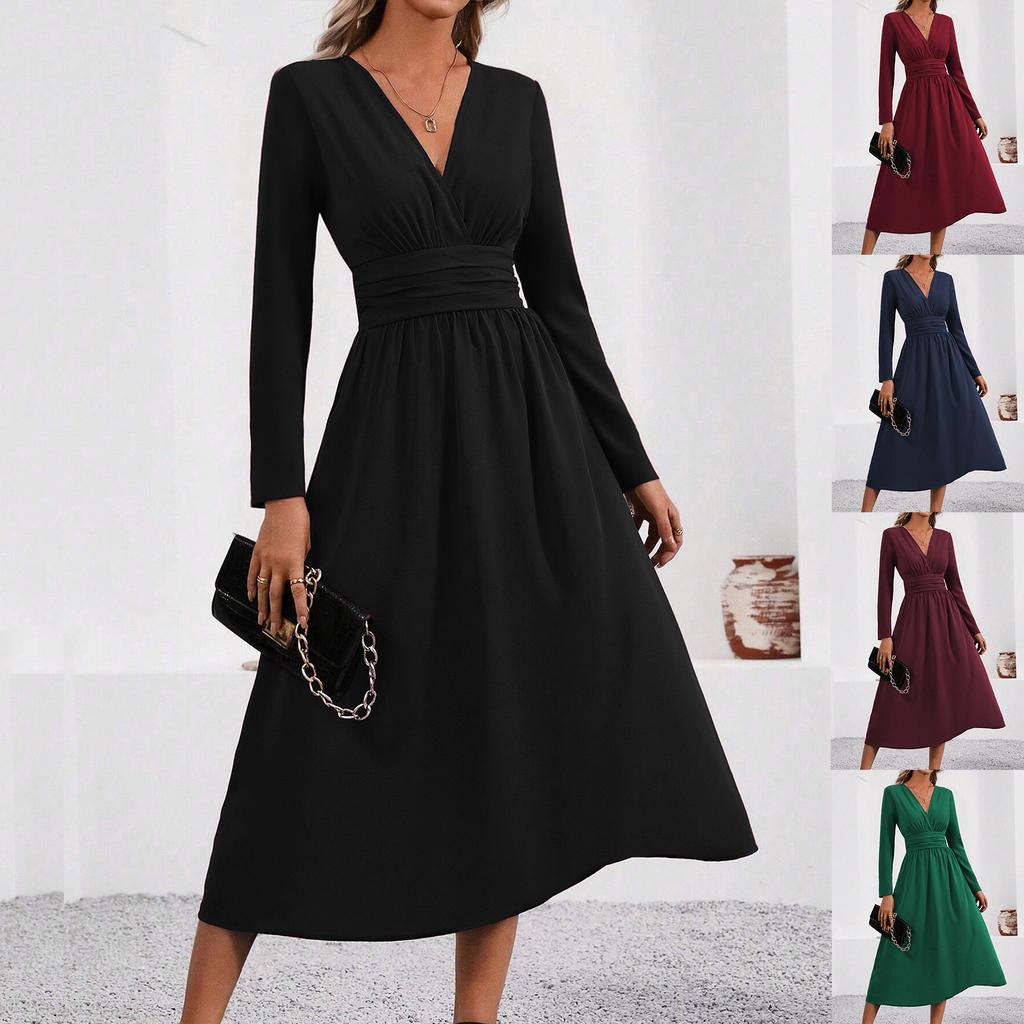 Women V Neck Long Sleeve Ruched Waist A Line Midi Dress Solid Color Casual Fit Flare Dress