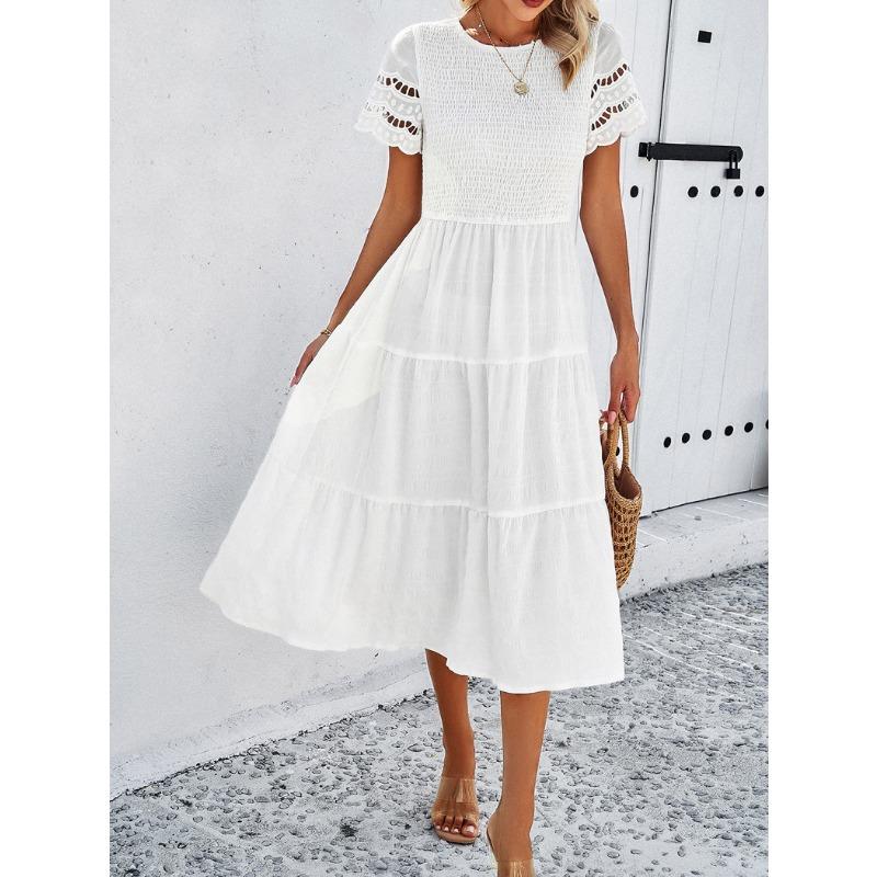 Women's Spring and Summer Temperament Solid Color Short-sleeved Hollowed Out Dresses