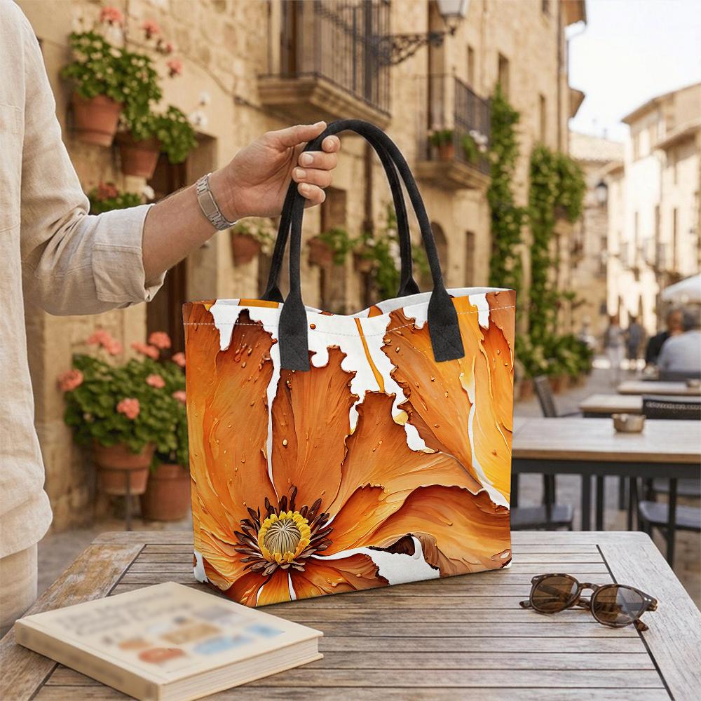 Orange Floral Print Tote Bag Casual Large Capacity Handbag for Daily Use