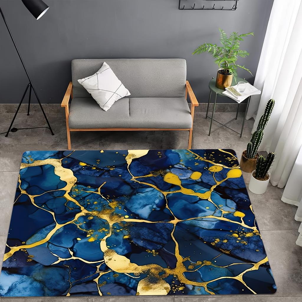 Elegant Blue and Gold Marble Doormat - Abstract Art Design for a Luxurious Home Entrance, Perfect for Modern Decor