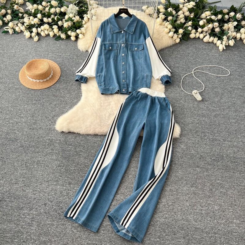 Womens Casual Denim 2-Piece Set Loose Fit Long Sleeve Top High-Waist Straight Pants Vacation Style