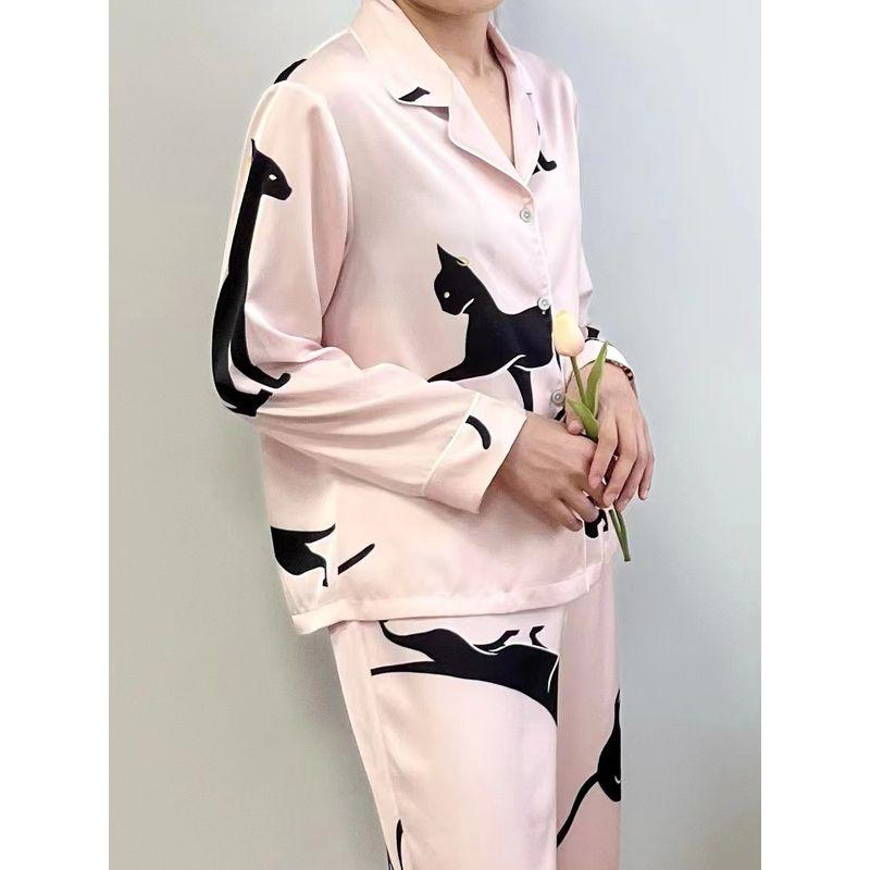

O s Black Cat Artificial Silk Satin Surface Pajamas Suit Women s Spring and Summer Smart Trousers Long Sleeves Homewear Pink Black Cat S