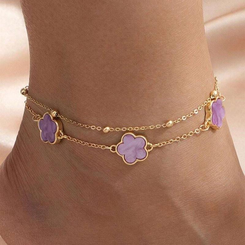 Delicate Double Layer Five-Leaf Clover Anklet for Women Exquisite Lucky Floral Summer Beach Hoilday Jewelry Gifts