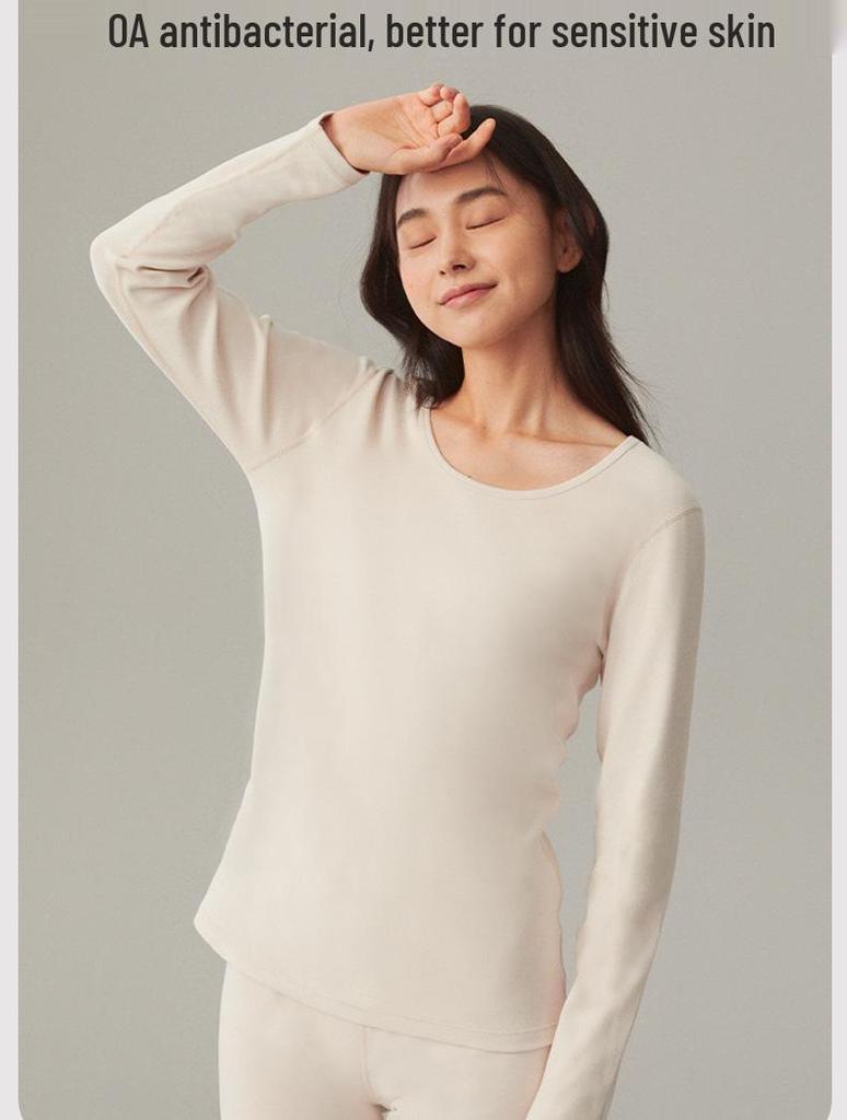 Damen Verdicktes Reines Baumwoll Antibakterielles Rundhals Slim Fit Warmes Base Layer Oberteil