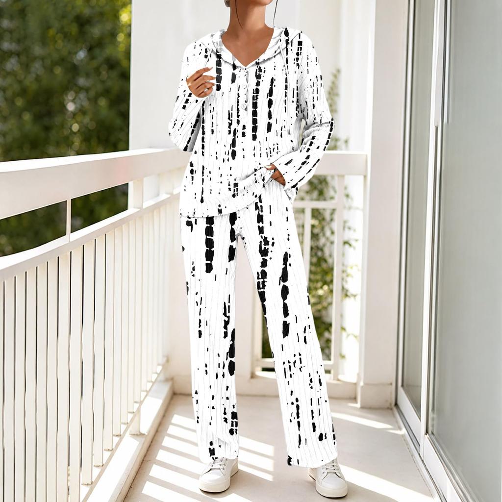 Women's V-Neck Print Long Sleeve Hooded Pajama Set with Pockets, Loose Fit Casual Wear